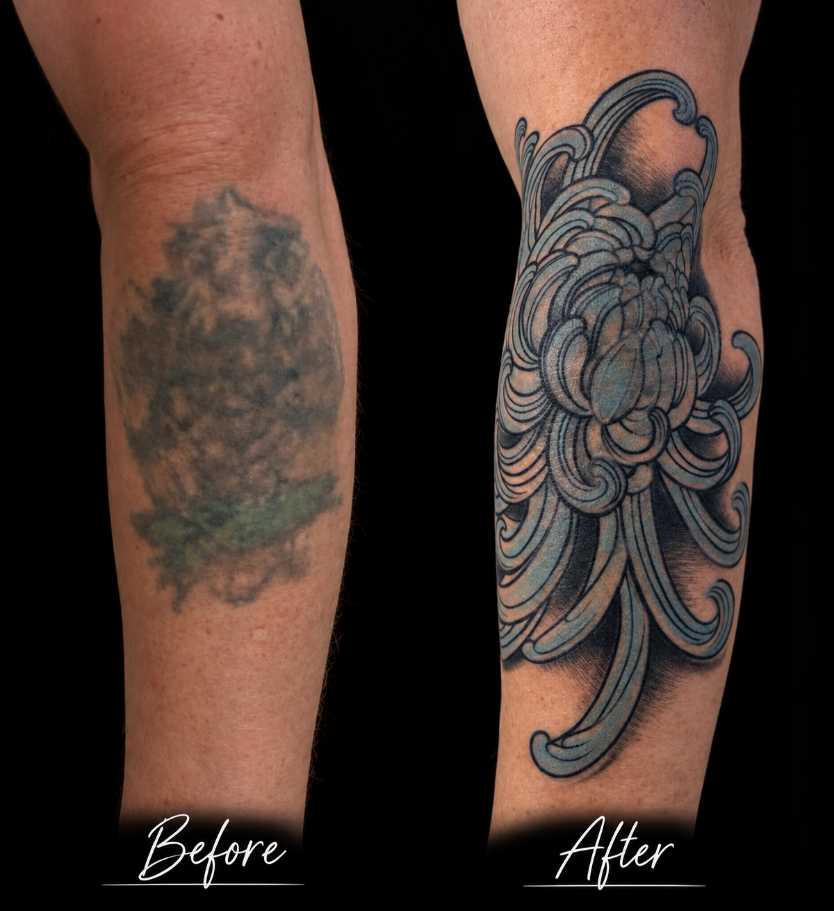 Cover-up am Unterarm: altes verblasstes Tattoo wird durch eine Chrysantheme im japanischen Stil überdeckt